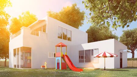 Modern cubus house with garden and playground in summer (3D Rendering)の写真素材