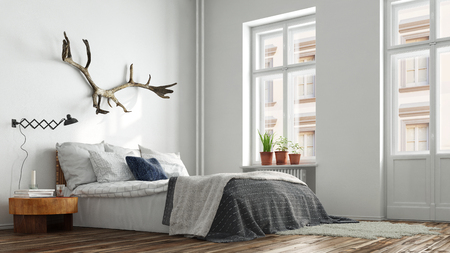 Modern hipster bedroom in Berlin with bed and nightstand (3D Rendering)の写真素材