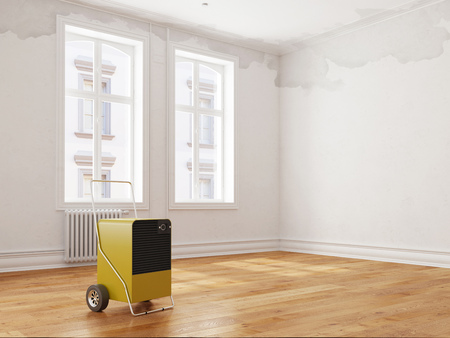 Professional dehumidifier after water damage standing in a room (3D Rendering)の写真素材