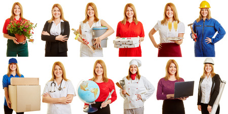 Blond woman in different positions and professions smilingの写真素材