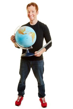 Geography teacher smiling and holding a globe on a white backgroundの写真素材