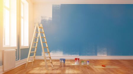 Painting wall blue in an empty room in summer (3D Rendering)の写真素材