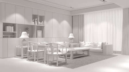Elegant living room in loft in white with white couch and furniture (3D Rendering)の写真素材