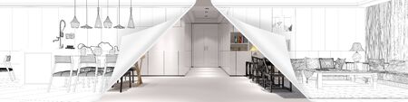 Opening curtain in CAD plan of loft (3D Rendering)