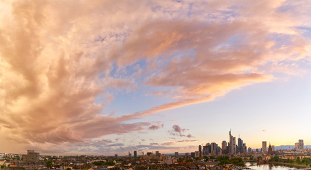 Panorama background with Frankfurt on Main skyline in the evening at sunsetの写真素材