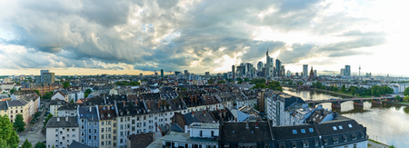 Panorama of Frankfurt on Main skyline with skyscrapers in front of an evening skyの写真素材