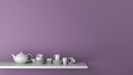 Shelf in kitchen with white dishes in front of a purple wall (3D Rendering)の写真素材