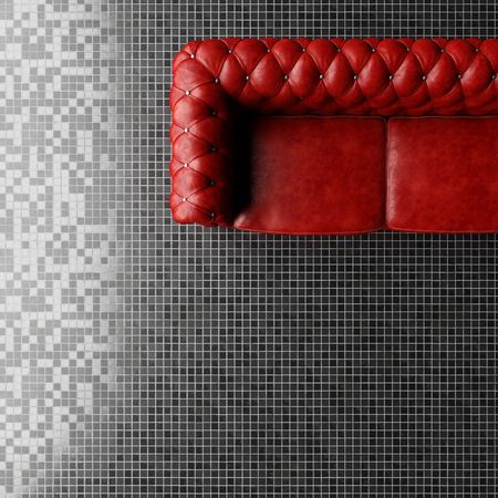 Red sofa on dark tiles floor from above (3D Rendering)の写真素材