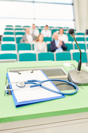 Stethoscope and clipboard in medicine lecture at universityの写真素材