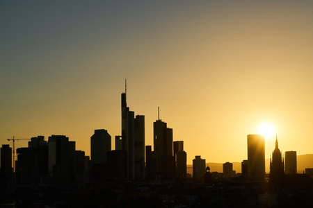 Big city skyline silhouette of Frankfurt am Main at sunsetの写真素材