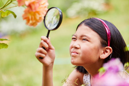 Girl with magnifying glass explores and observes flowers in natureの写真素材