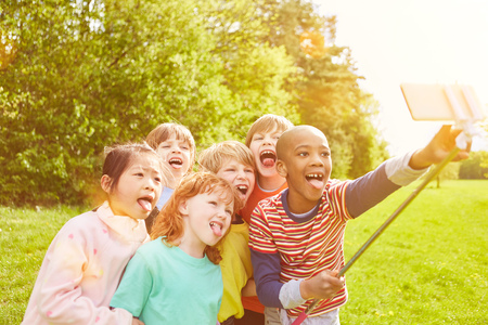 Group of kids in the park is making selfie with smartphone on selfie stickの写真素材