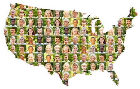Outdoor portrait collage of people of different generations on USA map as active society conceptの写真素材