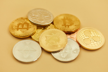 Digital Currency Coins of Bitcoin Ripple or Ether as cashの写真素材