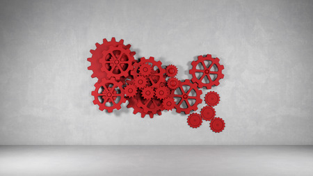 Red cogwheel gear on wall in empty room as progress or development concept (3D Rendering)