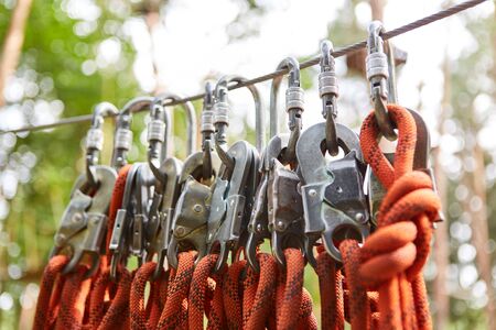 Ropes and snap hooks as equipment for safety in sport climbingの写真素材