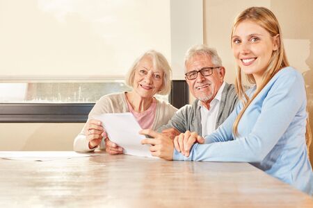 Daughter and senior couple with contract of insurance or evaluation of pension