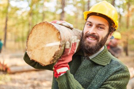 Smiling forest worker in the wood harvest carries tree trunk with a colleagueの写真素材
