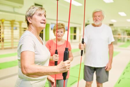 Group of seniors in the gym with the vibrating rod for deep muscle trainingの写真素材