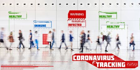 Corona virus tracking app concept with monitoring of contact persons in crowdの写真素材