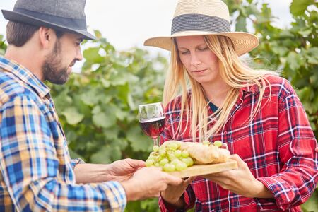 Two harvest helpers have a picnic with red wine and fresh grapes