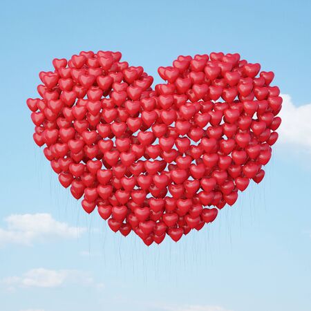Many red balloons fly as a heart for wedding in the blue sky (3D Rendering)の写真素材