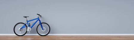 Blue mountain bike leans against a wall at home for storage (3D Rendering)の写真素材