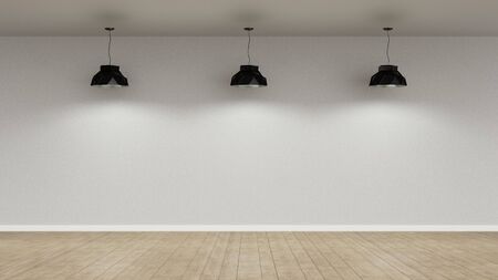 Three lamps in front of white wall as a background lighting in an empty room (3D Rendering)の写真素材