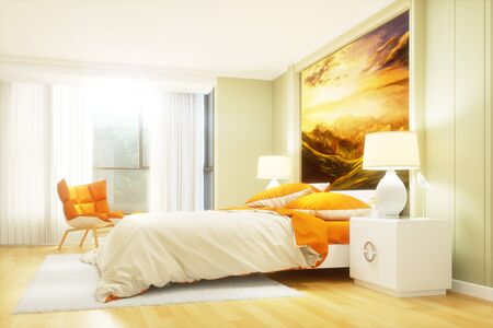 Bright hotel room with double bed in summer (3D Rendering)の写真素材
