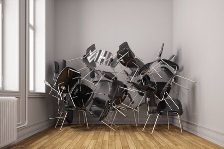 Small room with many chairs in disorder as chaos narrowness concept (3D Rendering)の写真素材