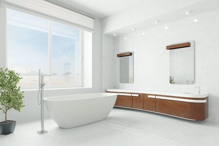 Luxurious clean bright bathroom with freestanding bathtub (3D Rendering)の写真素材