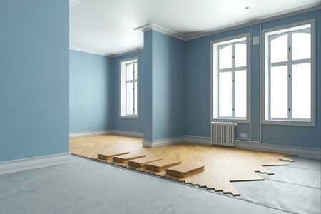 New parquet laid by Bodenleger during renovation in the old building (3D Rendering)の写真素材