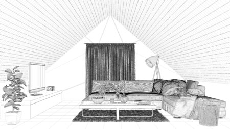 CAD planning of attic living room with sofa and furniture (3D Rendering)の写真素材
