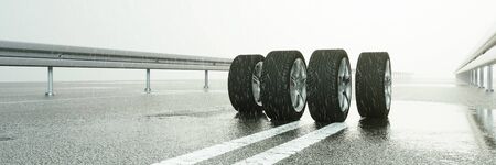 Tires on wet street in rainy weather as safety concept (3D Rendering)の写真素材