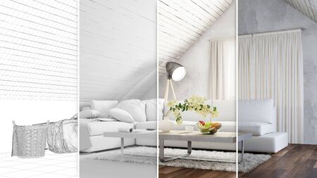 Spatial planning of loft as living room from CAD drawing to 3D renderingの写真素材