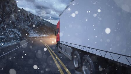 All weather forwarding agency with truck driving on highway with snow in winter (3D Rendering)の写真素材