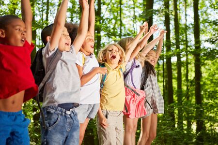 Group of kids cheer on the tour or hiking day in natureの写真素材