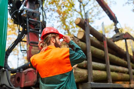 Young forest worker at the forwarder while loading and transporting long wood