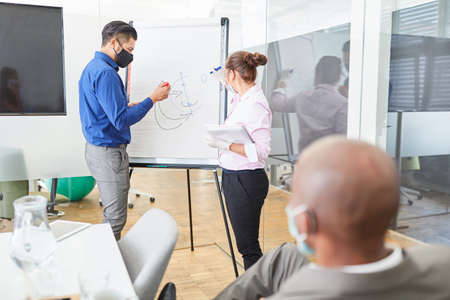 Business people with face mask because of Covid-19 giving a presentation in a strategy workshopの写真素材