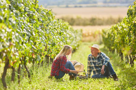 Couple makes romantic picnic with wine in vineyard in autumnの写真素材