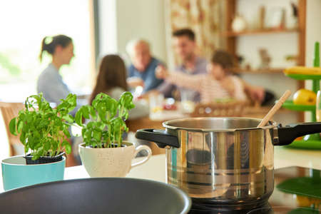 Cooking pot on the stove and fresh herbs for family for lunch
