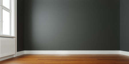 Empty room with windows and dark walls in old house (3D rendering)