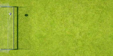 Football hits the net of a goal on a soccer playing field seen from above (3D rendering)