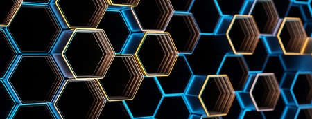 Digital hexagon design background header in front of black (3d rendering)の写真素材
