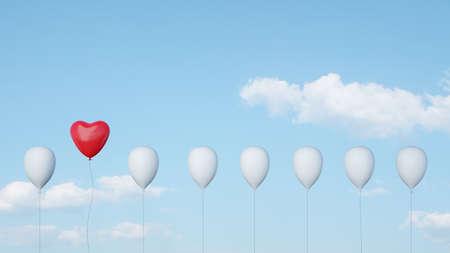 Red heart balloon flies in the sky for wedding or Valentine's Day (3d rendering)の写真素材