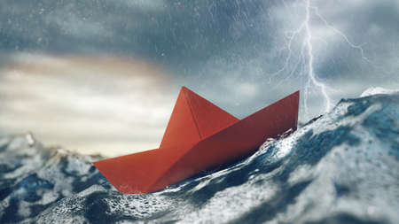 Risk concept with a red paper boat in the storm on the sea (3D rendering)