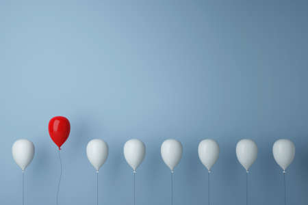 Stand out from the crowd concept with white balloons and a red balloon (3d rendering)の写真素材