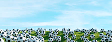 Green meadow against a blue sky full of soccer balls as a concept for football passion and as a...