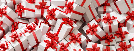 At Christmas many white presents with a red ribbon on a pile (3d rendering)