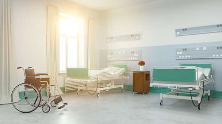 Sunny twin room in nursing home or hospital with beds and wheelchair (3D rendering)の写真素材